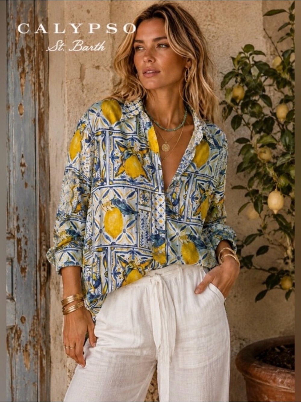 Calypso St. Barth Lemon Print tiles Mediterranean Button Up Shirt cotton small